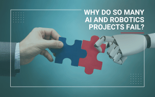 Robot hand meeting a human hand with puzzle pieces in the middle