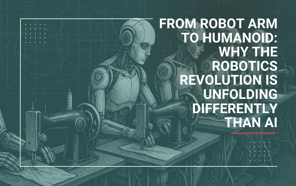 A row of humanoid robots operating sewing machines