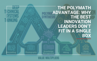 A Venn diagram or skill map illustrating a Polymath profile, showing the intersection of technical systems thinking, innovation leadership, and value multipliers like storytelling and photography.